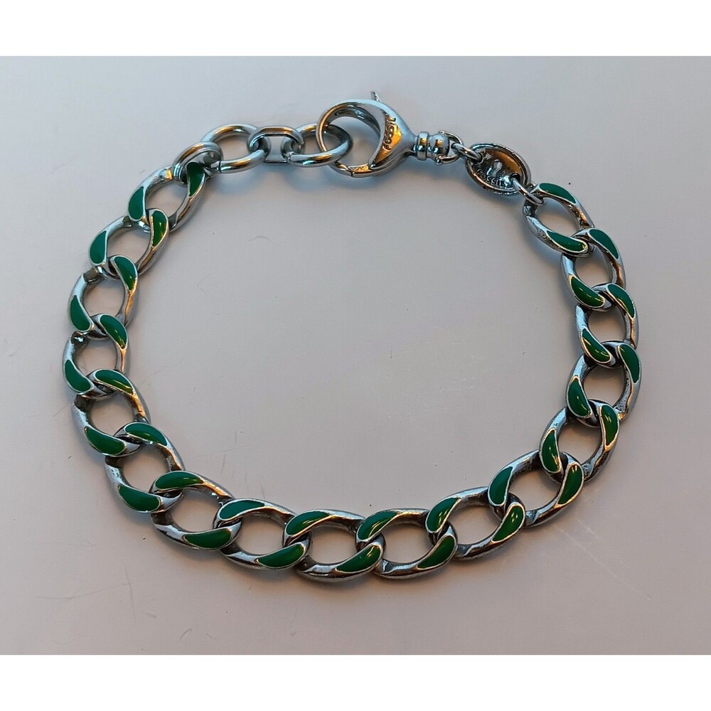 Fossil Silvertone Green Enamel Curb Link Bracelet 7-7.5 in
